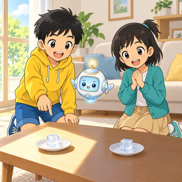 窓ぎわの日なたと部屋のおくに、同じ大きさの氷を小皿にのせて置いている。