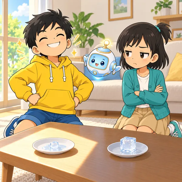 日なたの氷が小さくなり、ハルが得意そうにし、ミオがあきれている。