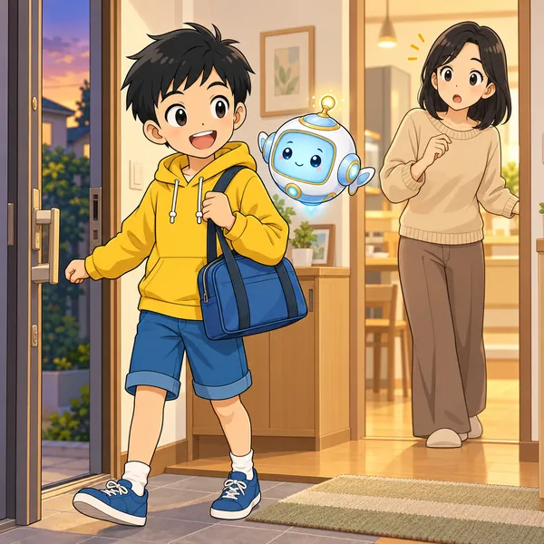 夕方の玄関で、出かけようとするハルを見て、ハルのお母さんがおどろいている。