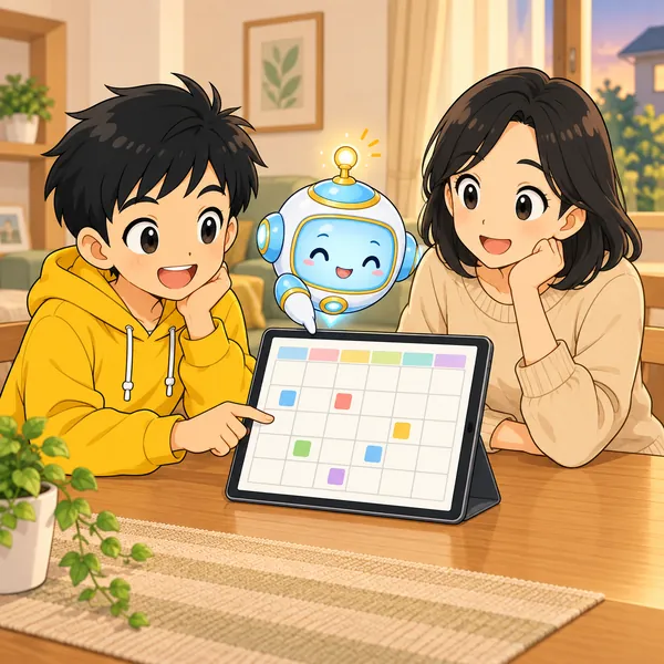 ハルとお母さんがタブレットのカレンダーを見て、AIロボットが画面を指さしている。
