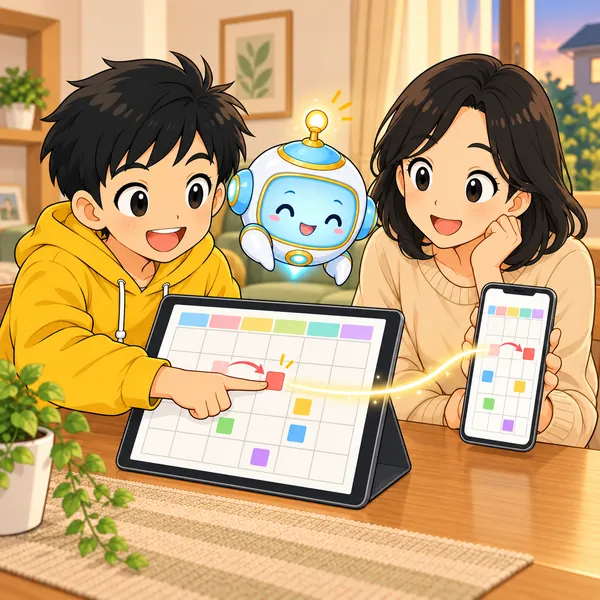 ハルが予定の印を動かすと、お母さんのスマートフォンでも同じ印が動いている。