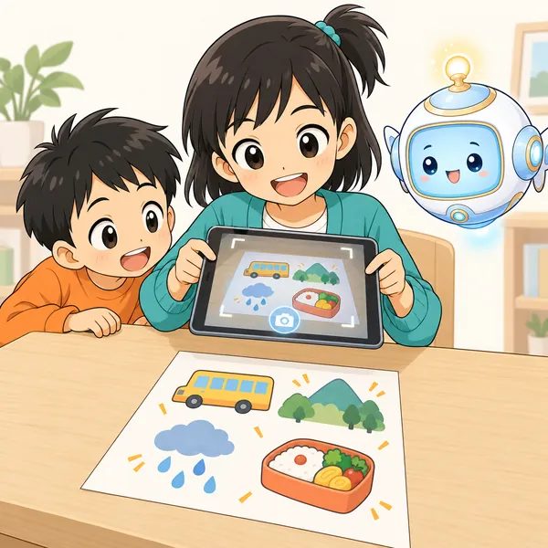 ミオが、学校のお知らせをタブレットで撮って、AIにまとめてもらおうとしている。