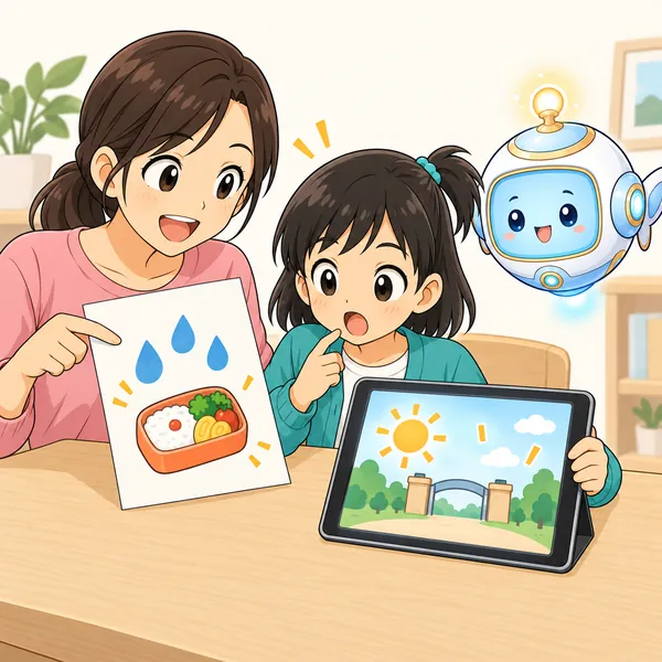 ミオがお知らせの紙と画面を見くらべて、おどろいている。