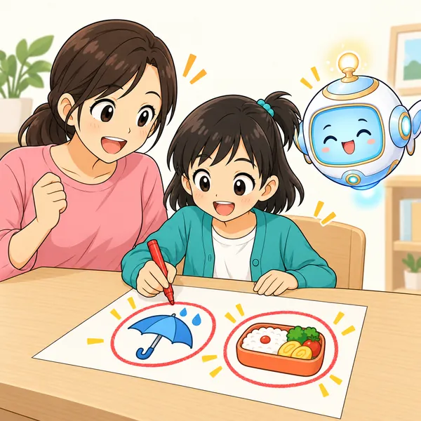 ミオが、お知らせの大事なところに色ペンで丸をつけている。