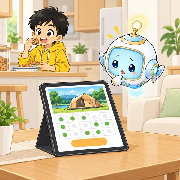ハルがタブレットを開いたまま置いて、台所でおやつを食べている。