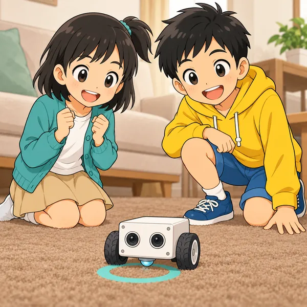 リビングのじゅうたんの上で、ミオの手作りロボットがちょうどいい位置で止まり、ミオが喜んでいる。
