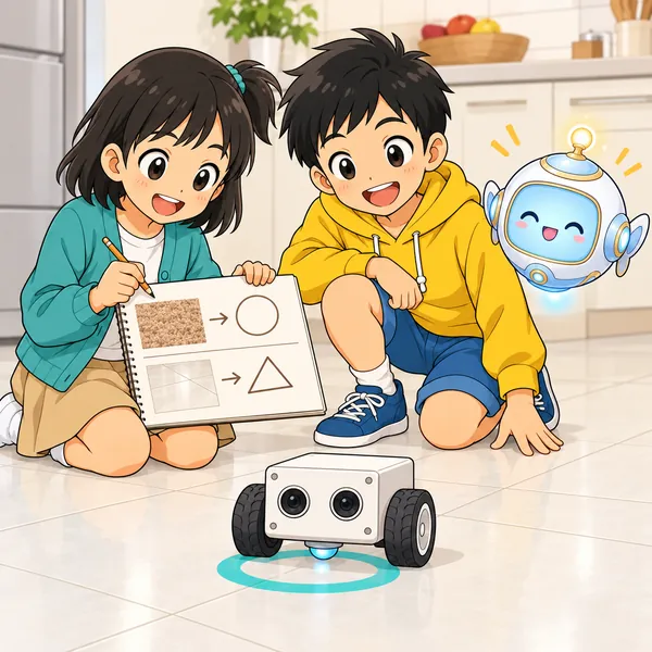ミオが床ごとに試して、台所の床でもロボットがちょうどいい位置で止まっている。