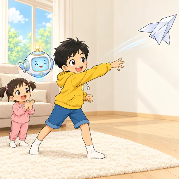 ハルが紙のロケットを飛ばし、妹が拍手している。