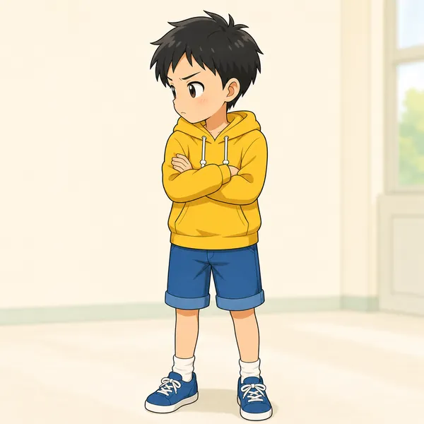 ハルはまだ少しむっとして、うでを組んで顔をそむけている
