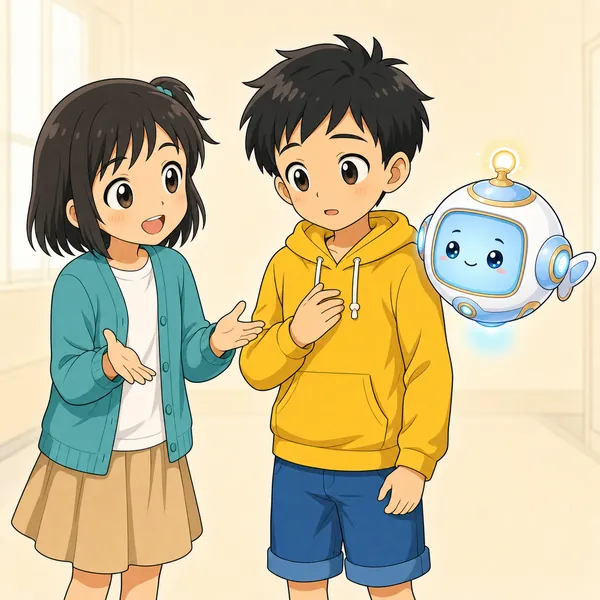 ミオとアイがハルのそばで、勇気を出してあやまってくれたことを、やさしく伝えている