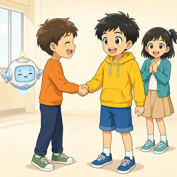 ハルが笑顔で友だちと仲直りして、握手したり笑い合ったりしている