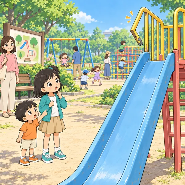 公園で、ミオと弟が、すべり台の手すりがぐらぐらしているのに気づく。