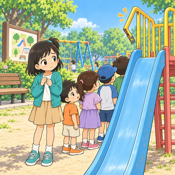 小さい子たちが順番を待つ前で、ミオが自分には関係ないと迷っている。