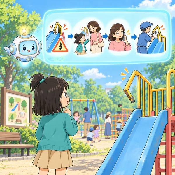 AIロボットが、気づいた子から大人へ、そして直す人へと知らせがつながる絵を見せている。