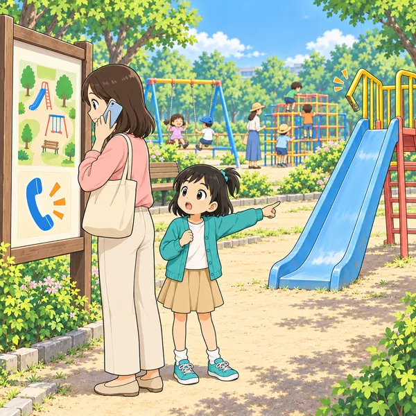 ミオが母に伝え、母が電話で知らせている。小さい子たちは別の遊具で遊んでいる。