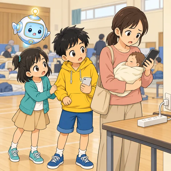 ハルのうしろで赤ちゃんをだっこした女性がこまった顔をし、ミオがハルのそでを引いている。