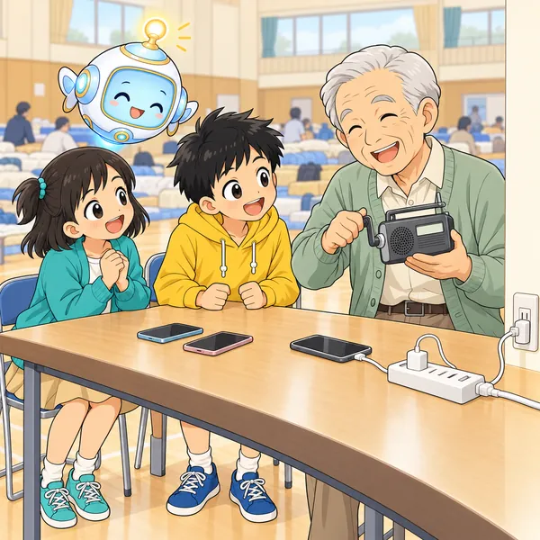 ハルとミオとおじいさんが順番に充電し、おじいさんが手回し充電ラジオを見せて笑っている。