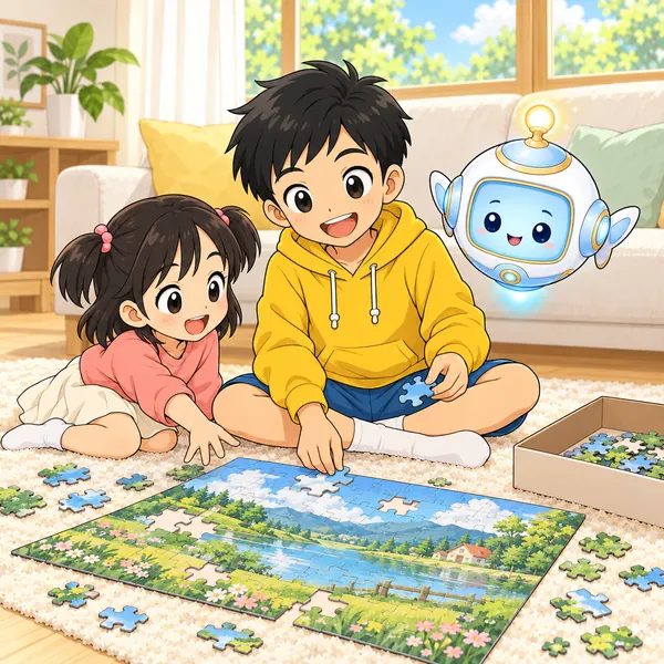ハルがパズルを組み立てている途中で、妹が手をのばしている。