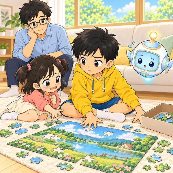 父が見ている前で、妹が泣きそうになり、ハルがこまっている。