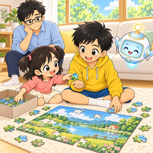 ハルと妹がならんで、いっしょにパズルをしている。