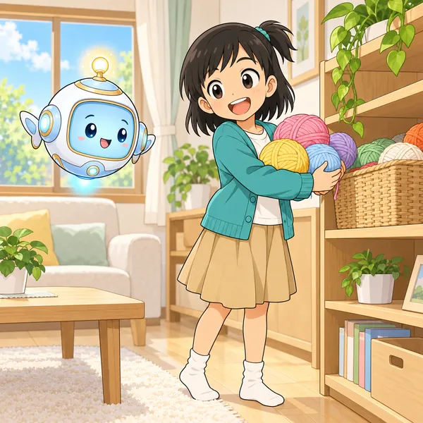 ミオが、たなのかごから毛糸をたくさん取り出している。