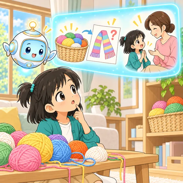 AIロボットが、家の毛糸と、家族で話し合う絵を見せている。