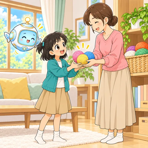 ミオの母が三色の毛糸を選んでミオにわたしている。