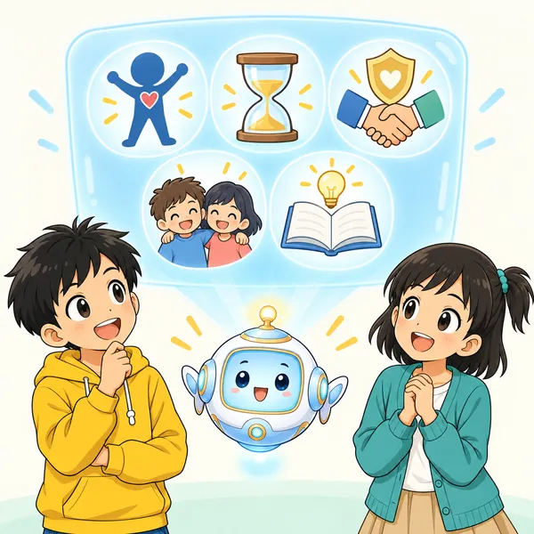 アイが、体・時間・信用・友だち・学んだことを並べて見せている