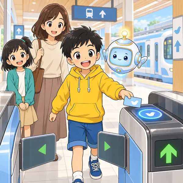 駅の改札で、ハルがICカードをタッチしようとし、うしろにお母さんがいる。