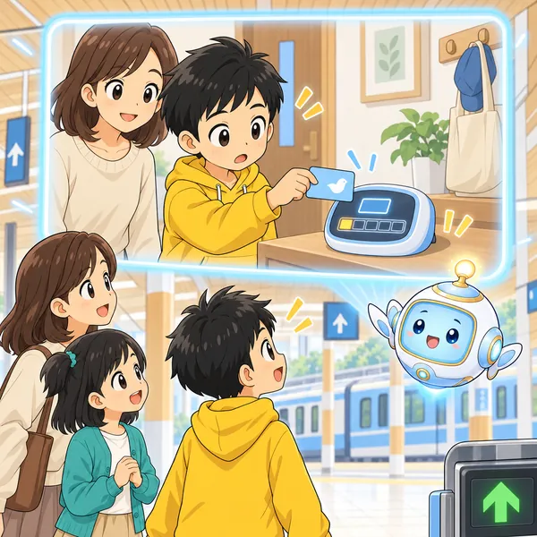 AIロボットが、家を出る前にカードの残りを確かめる絵を窓に見せている。