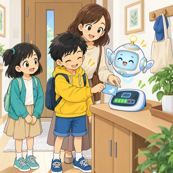 玄関で、ハルがお母さんといっしょにカードの残りを確かめてうなずいている。