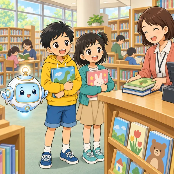 図書館で、ハルとミオが本をかかえて借りている。