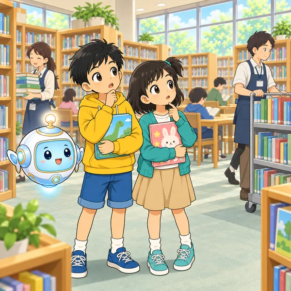 ハルとミオが、本だなやたてもの、はたらく人を見回してふしぎそうにしている。