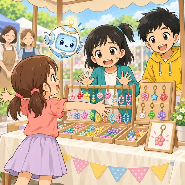 こどもマーケットで、お客さんの女の子が両手を広げてたくさんの希望を伝え、ミオがあせっている。