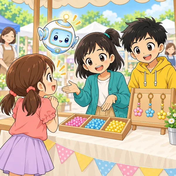 ミオが三色のビーズを見せて正直に話し、女の子がうなずいている。