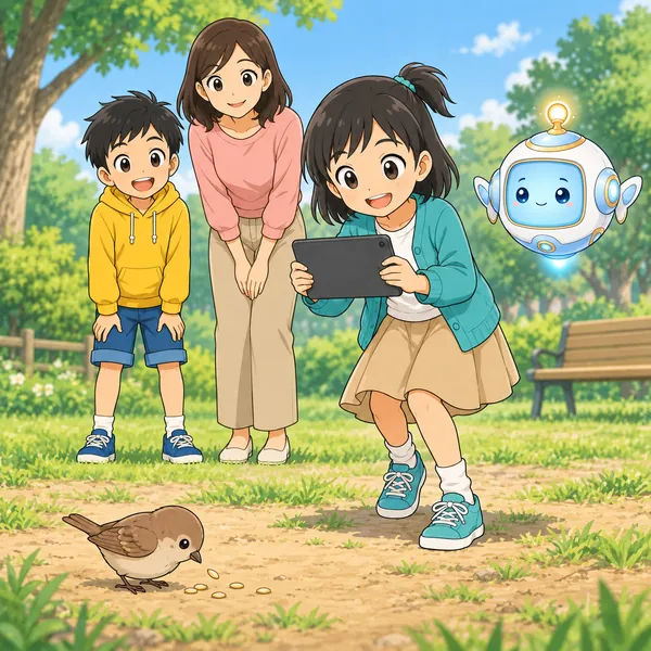 公園の広場で、ミオがタブレットをかまえて、えさをついばむ小鳥にそっと近づいている。
