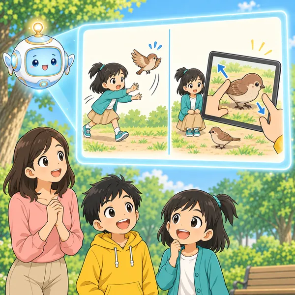 AIロボットが、近づくと鳥がにげる絵と、はなれてズームで撮る絵を窓に見せている。