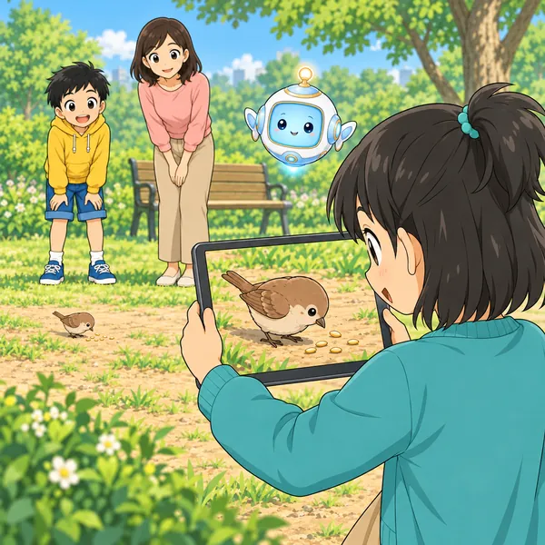 はなれた場所からズームで撮り、画面に鳥が大きく写り、鳥も落ち着いている。