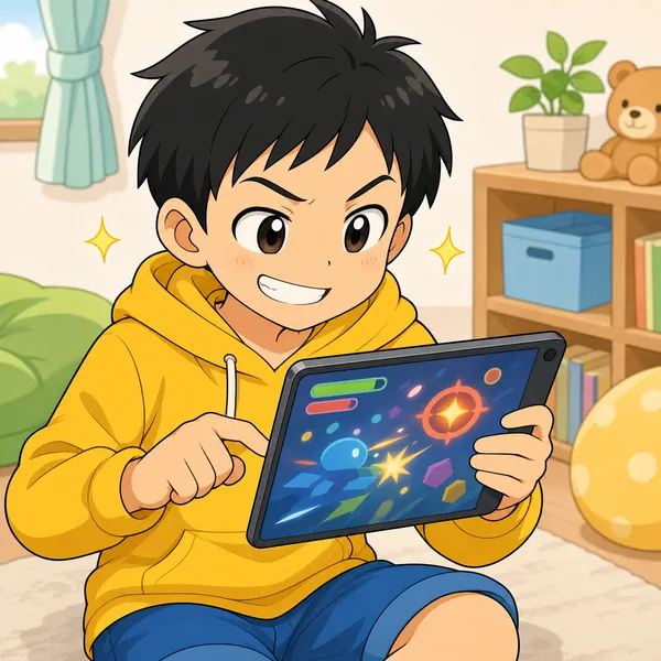 ハルがタブレットのオンラインゲームで、ずるいやり方を使えば勝てるとにやりと得意げな表情