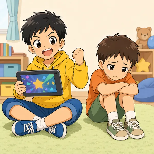 ハルは勝ったが、いっしょに遊んでいた別の小学生の友だちが、つまらなそうにがっかりした表情をしている