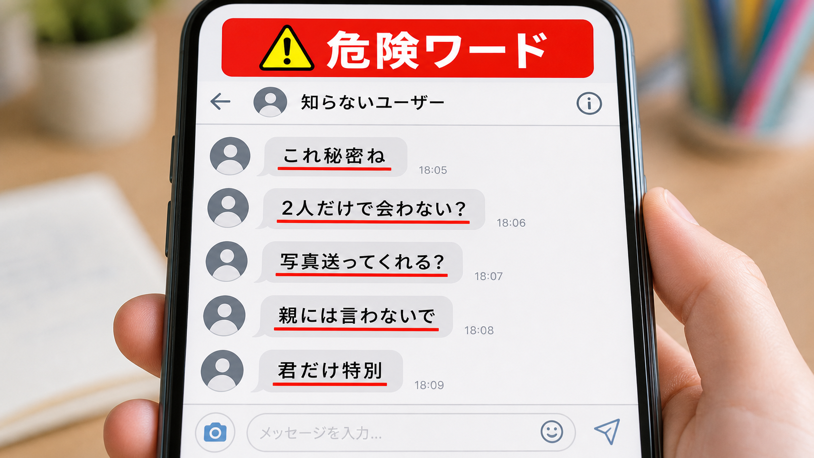 危険チャットの合言葉「秘密・会おう・送って」