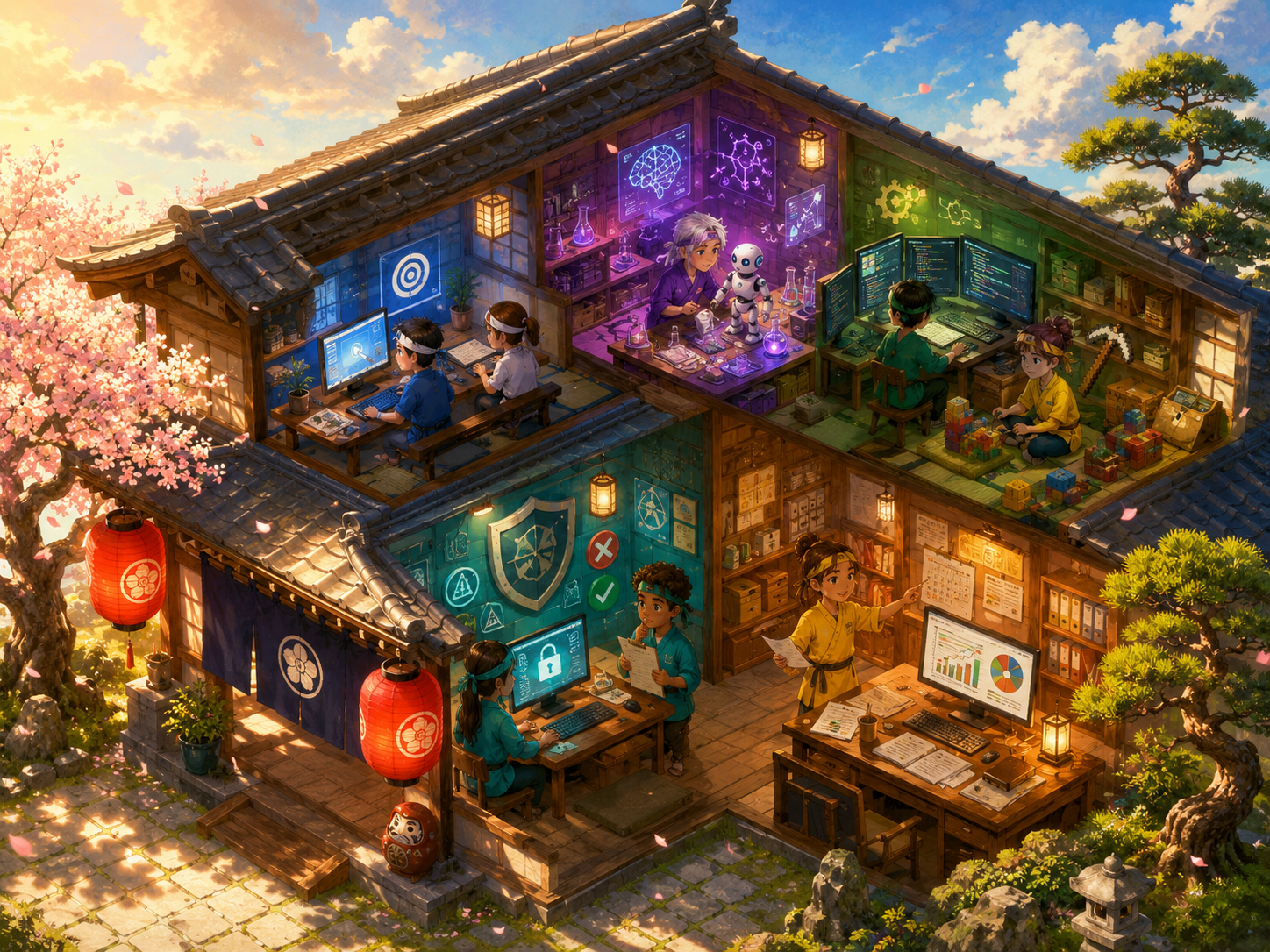 デジタルこどもBASE 道場の俯瞰イラスト：5エリアで子どもたちが学ぶ様子