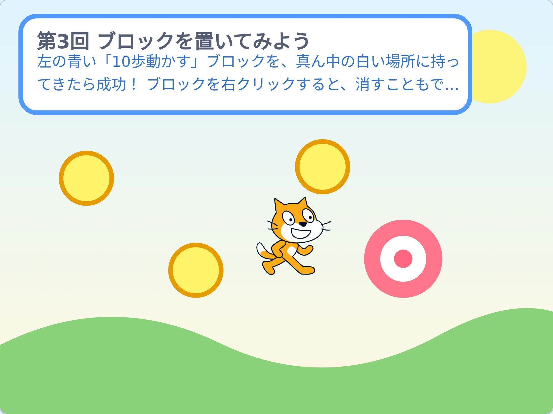 第3回「ブロックを置いてみよう」のScratch実行画面。左の青い「10歩動かす」ブロックを、真ん中の白い場所に持ってきたら成功！ ブロックを右クリックすると、消すこともできるよ。