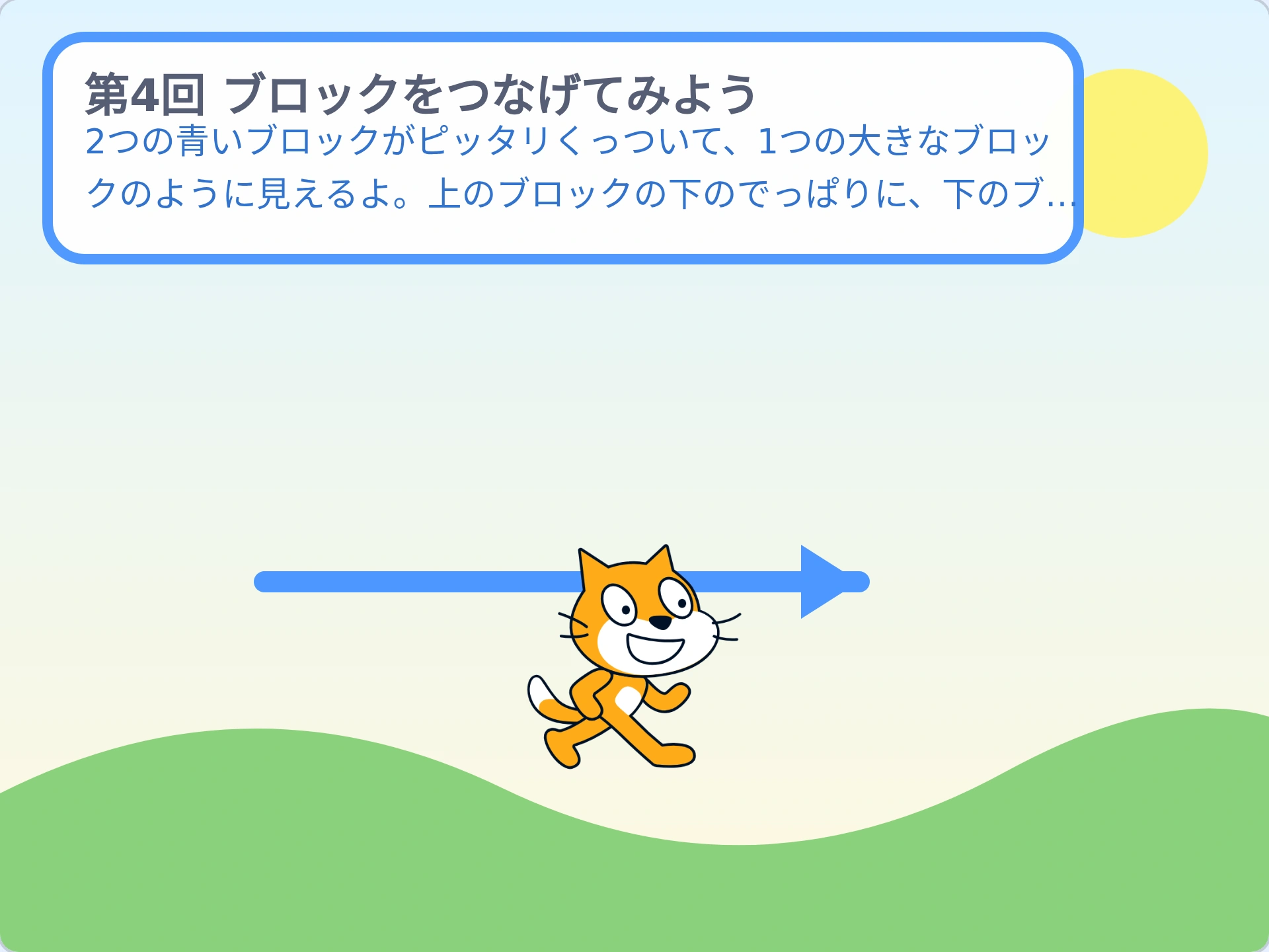 第4回「ブロックをつなげてみよう」のScratch実行画面。2つの青いブロックがピッタリくっついて、1つの大きなブロックのように見えるよ。上のブロックの下のでっぱりに、下のブロックの上のへこみがハマるしくみだよ。