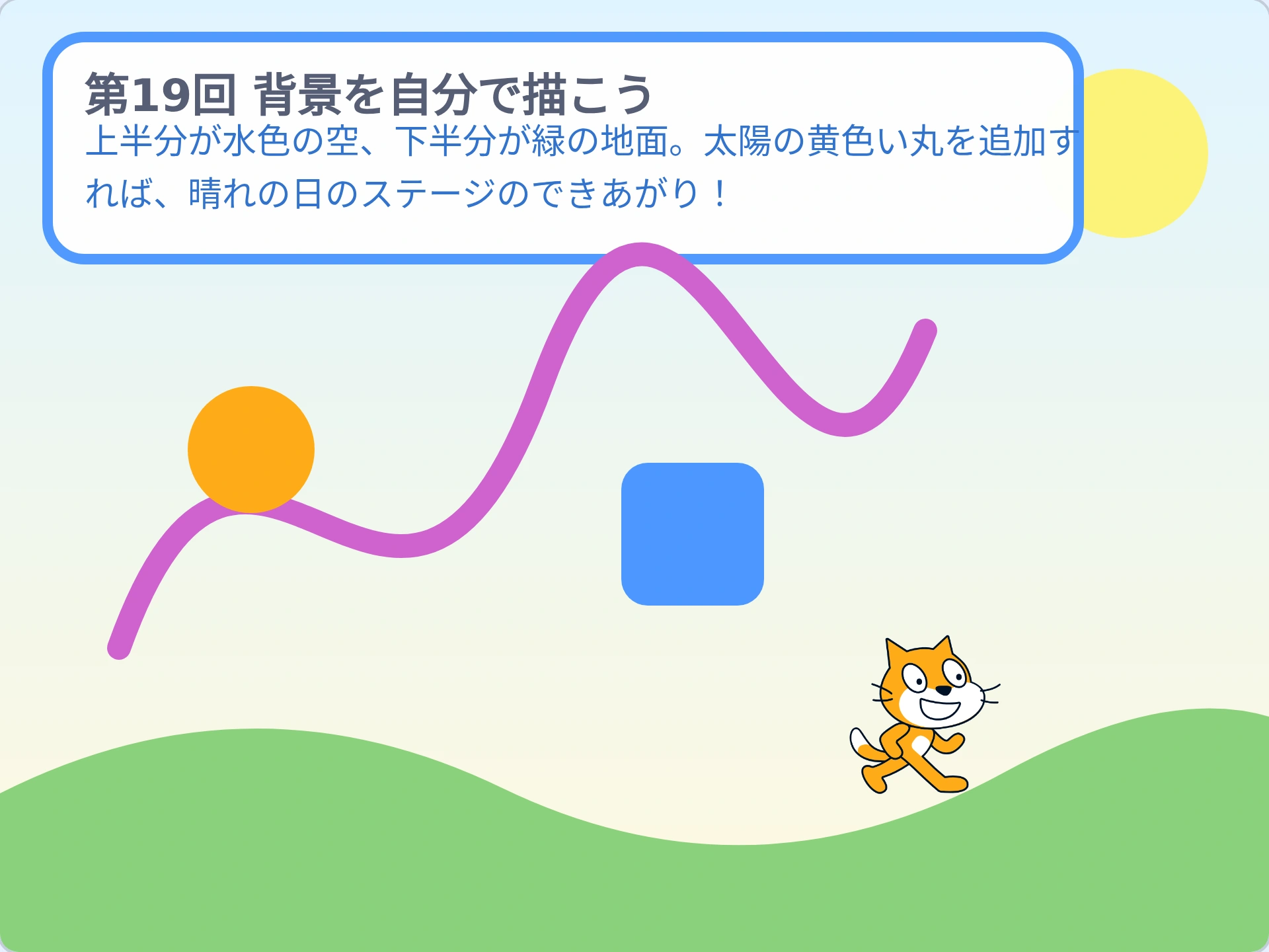 第19回「背景を自分で描こう」のScratch実行画面。上半分が水色の空、下半分が緑の地面。太陽の黄色い丸を追加すれば、晴れの日のステージのできあがり!