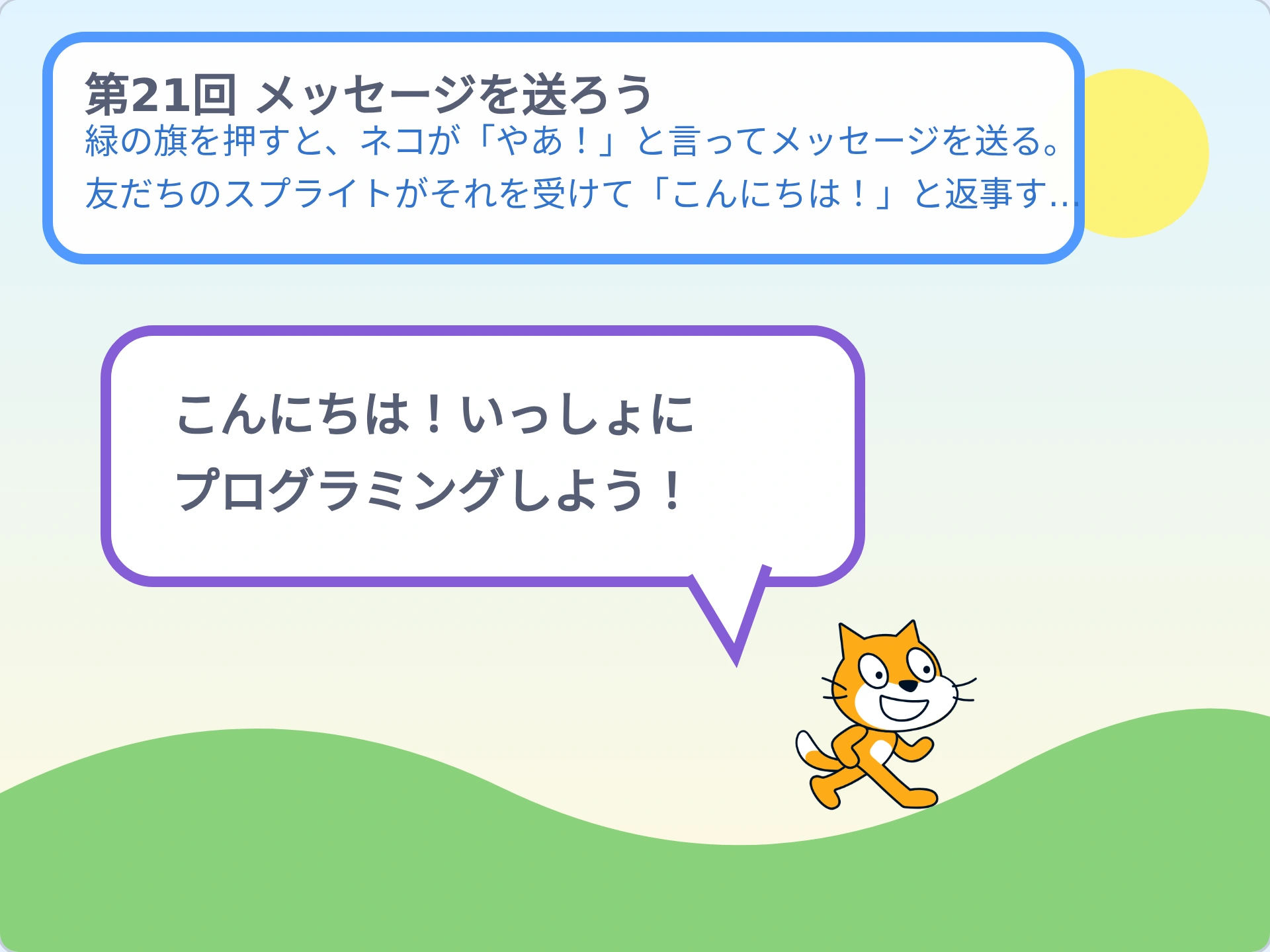 第21回「メッセージを送ろう」のScratch実行画面。緑の旗を押すと、ネコが「やあ!」と言ってメッセージを送る。友だちのスプライトがそれを受けて「こんにちは!」と返事するよ。会話みたいになるよ!