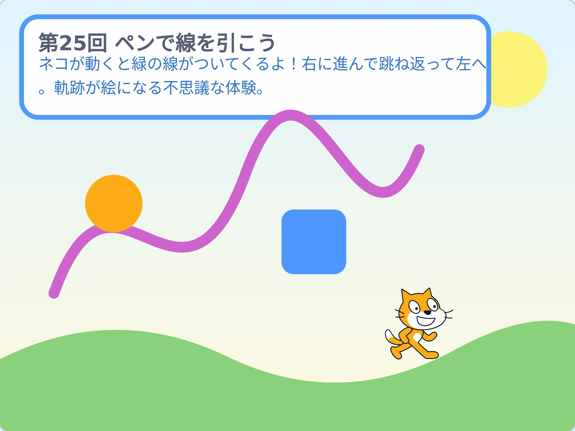 第25回「ペンで線を引こう」のScratch実行画面。ネコが動くと緑の線がついてくるよ!右に進んで跳ね返って左へ。軌跡が絵になる不思議な体験。