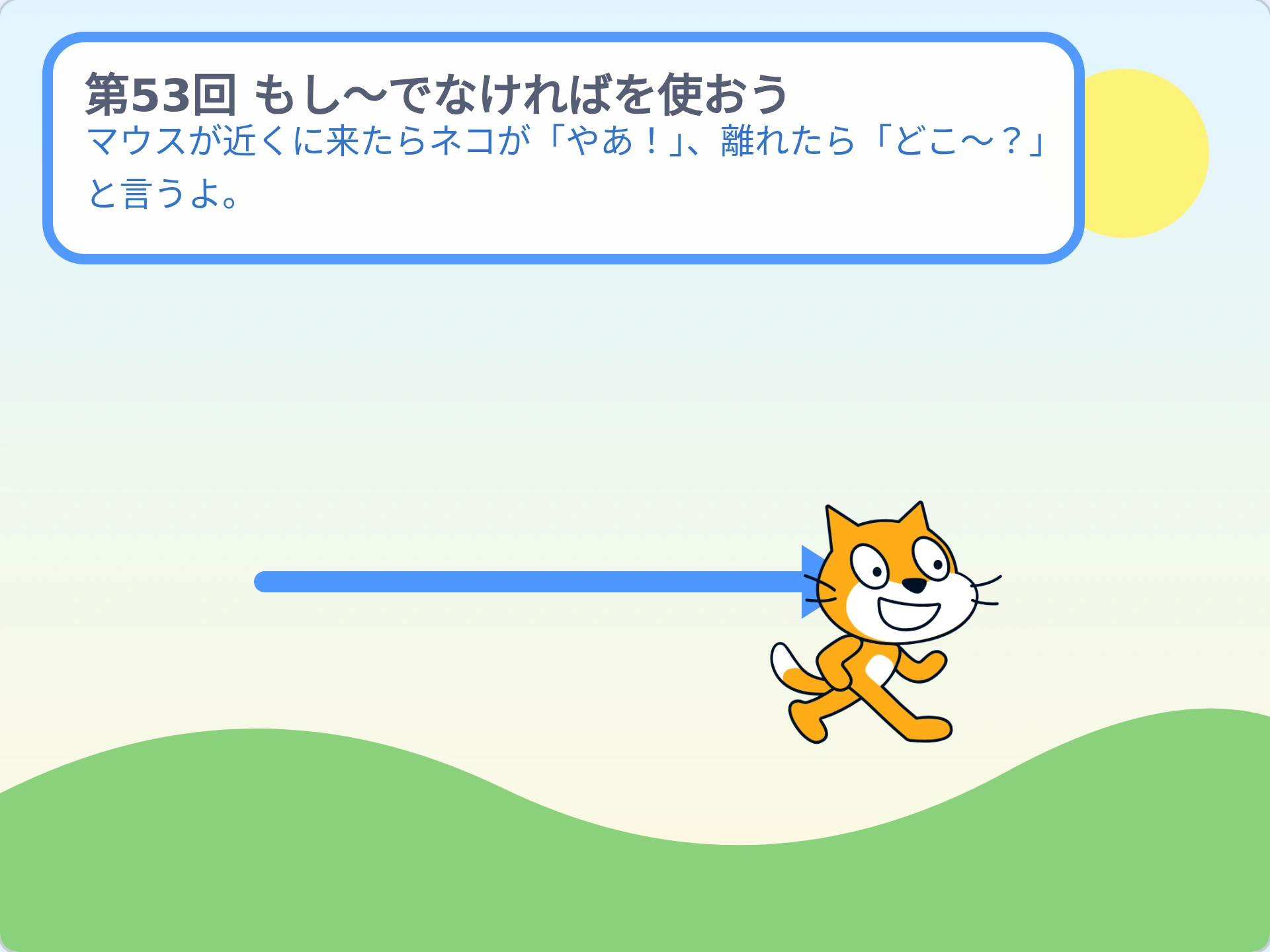 第53回「もし〜でなければを使おう」のScratch実行画面。マウスが近くに来たらネコが「やあ！」、離れたら「どこ〜？」と言うよ。