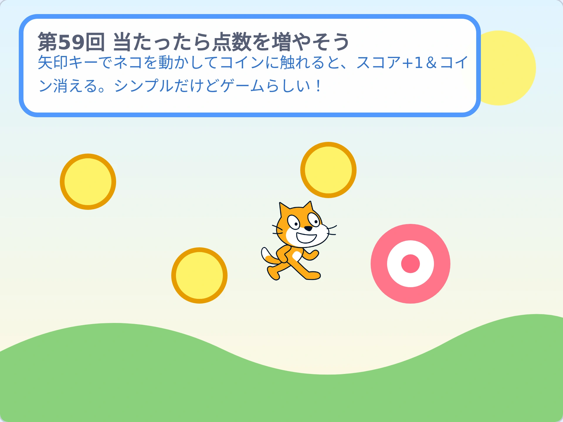 第59回「当たったら点数を増やそう」のScratch実行画面。矢印キーでネコを動かしてコインに触れると、スコア+1&コイン消える。シンプルだけどゲームらしい!