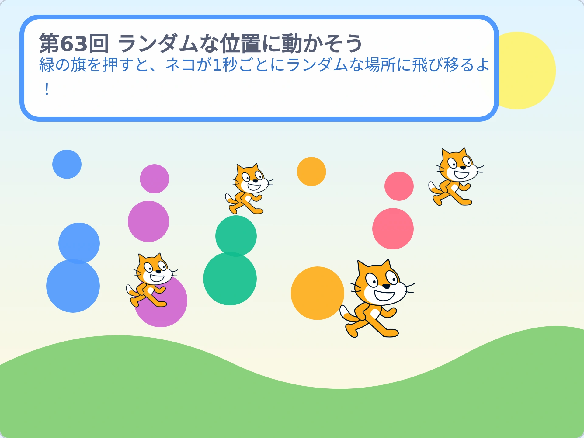 第63回「ランダムな位置に動かそう」のScratch実行画面。緑の旗を押すと、ネコが1秒ごとにランダムな場所に飛び移るよ!